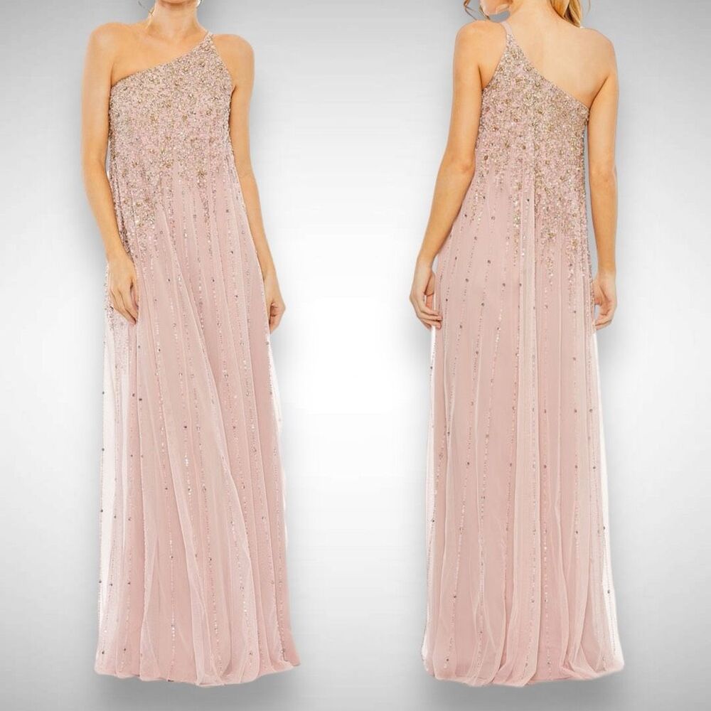 Mac Duggal One Shoulder Embellished Trapeze A-Line Gown Dress Size‎ 10 Pink 9224